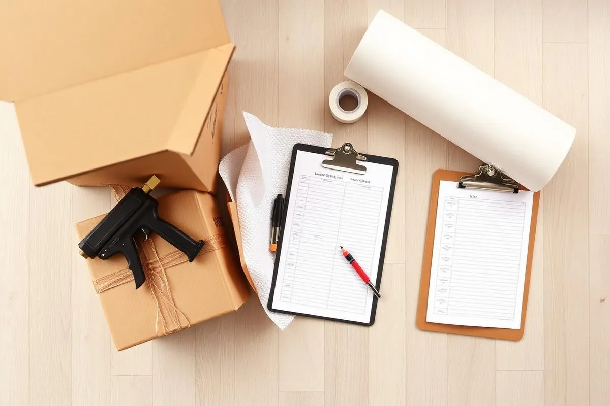 Flat-lay of professional moving day supplies — cardboard boxes, packing paper, bubble wrap, tape gun and inventory clipboards on a wooden floor