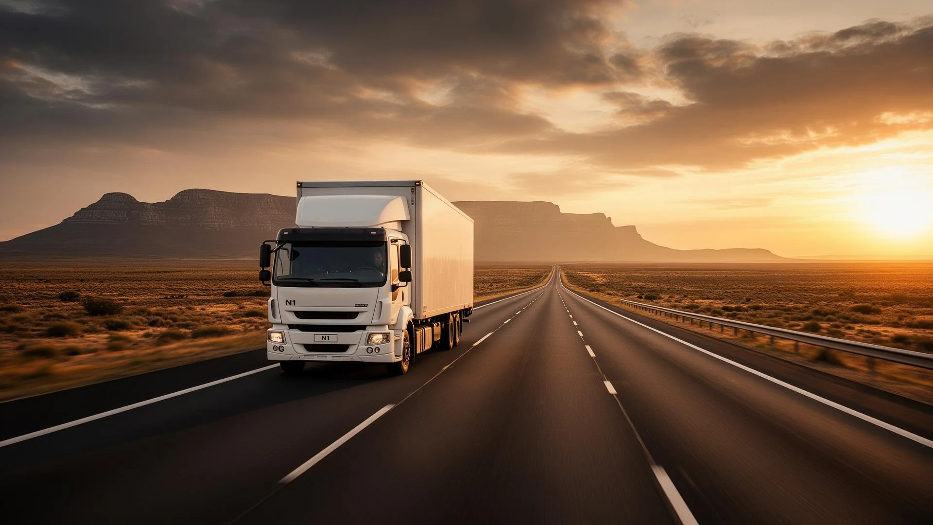 Furniture removals truck on the N1 highway en route from Cape Town to Johannesburg at golden hour, Karoo landscape