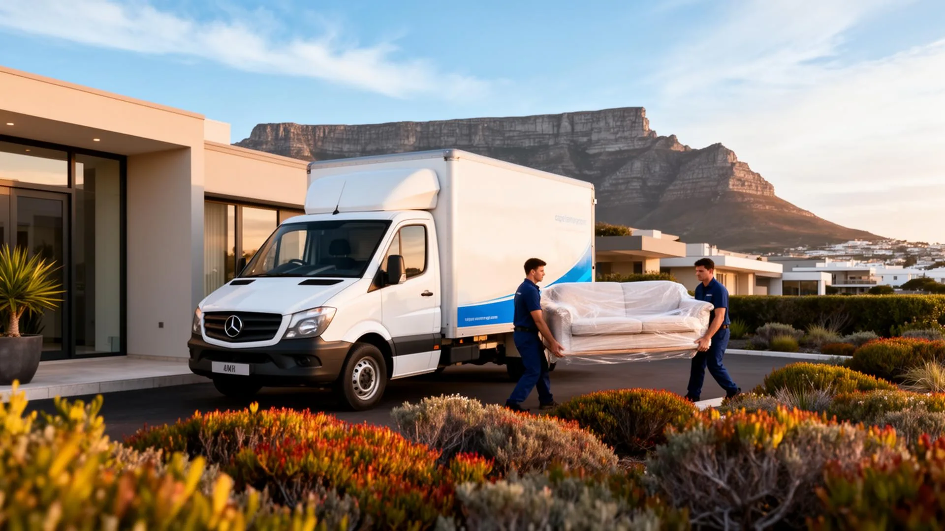 Professional movers carrying a wrapped sofa to a moving truck outside a Cape Town home with Table Mountain in the background