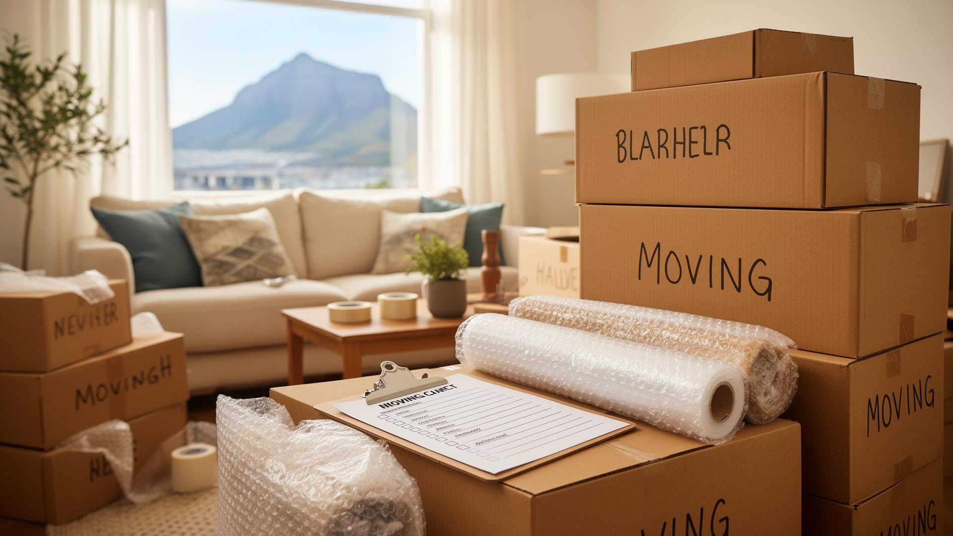 Organised Cape Town living room mid-move with labelled cardboard boxes, a moving checklist on a clipboard and Table Mountain visible through the window